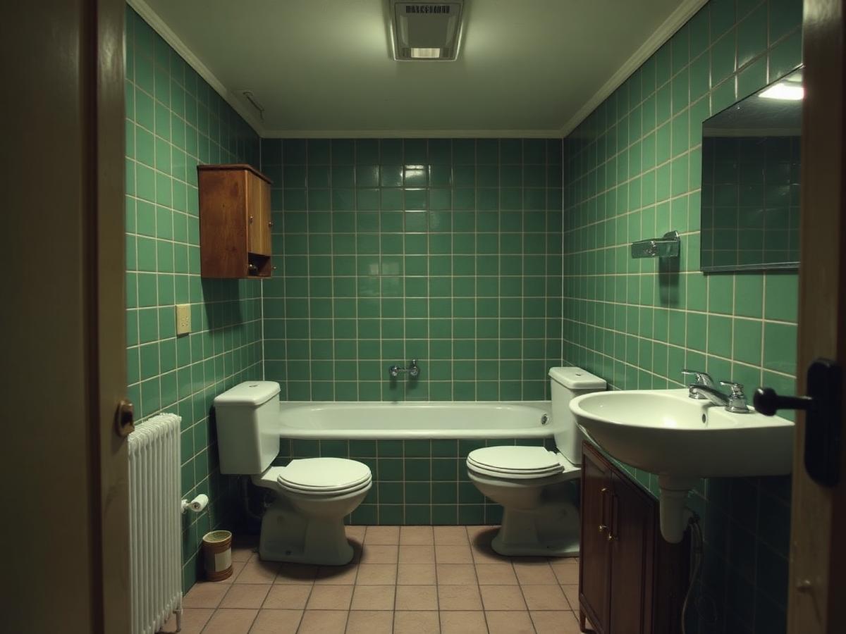 Vorher: kleines Bad mit Eckbadewanne, wenig Bewegungsfläche und altem Fliesenspiegel