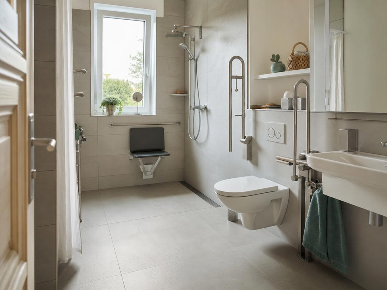 Barrierefreies Badezimmer in Peine mit bodengleicher Dusche, Haltegriffen und offenem Bewegungsraum
