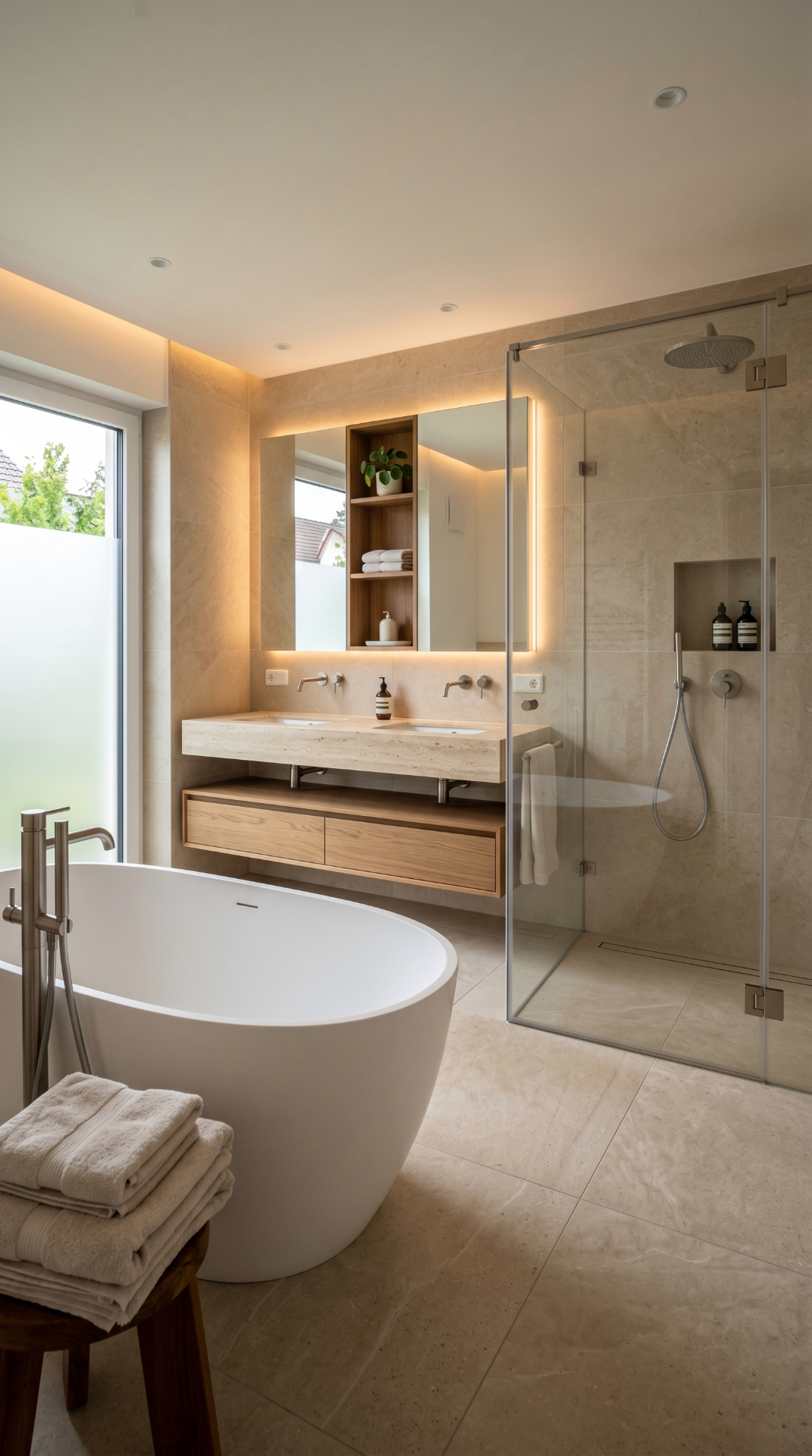 Modernes Badezimmer mit freistehender Badewanne und Doppelwaschbecken – Meisterbetrieb Kelm Peine