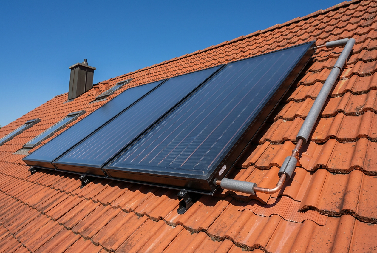 Solarthermie-Kollektoren auf rotem Ziegeldach zur Warmwasserbereitung in Peine