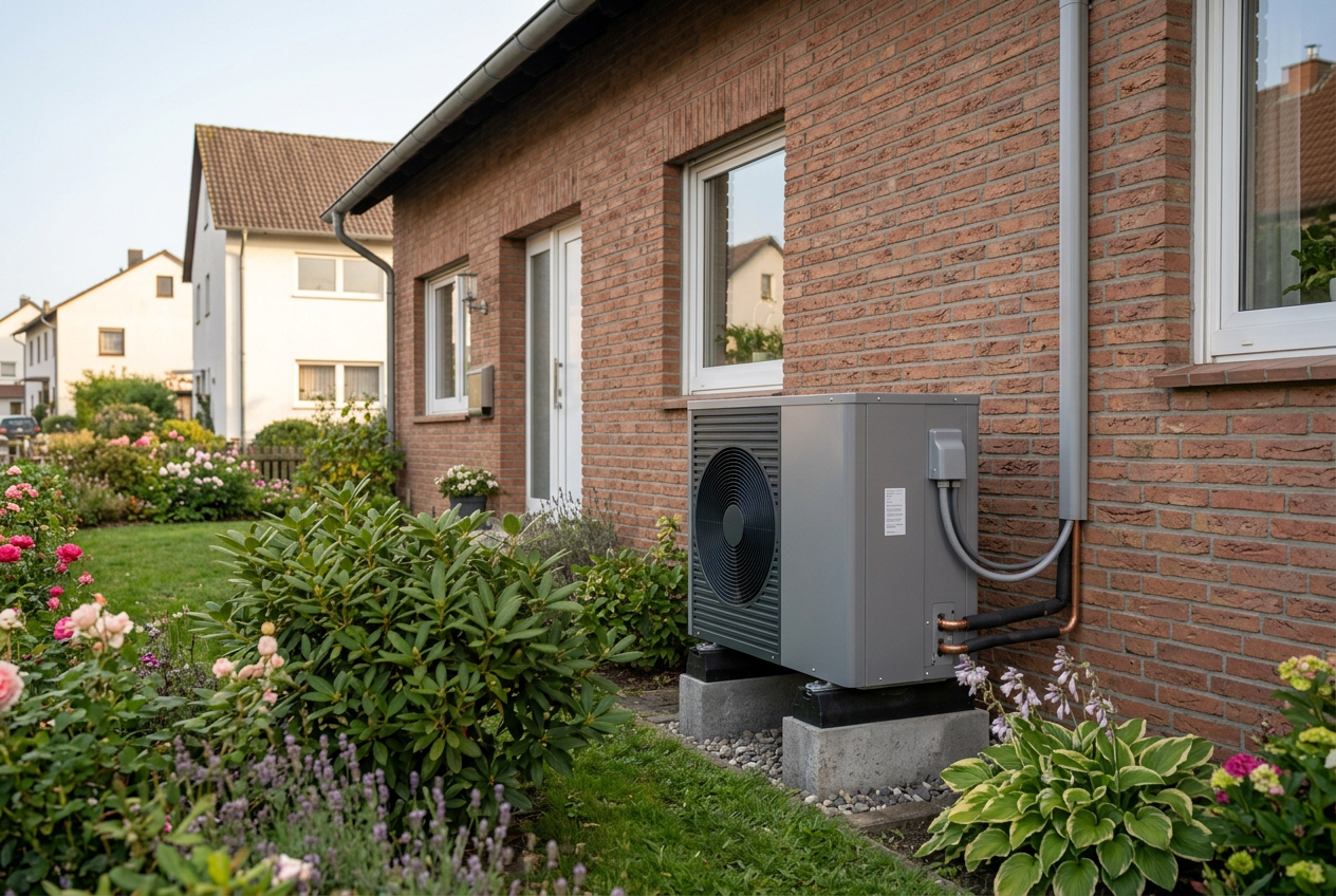 Wärmepumpe am Einfamilienhaus in Peine fachgerecht installiert vom Meisterbetrieb Kelm