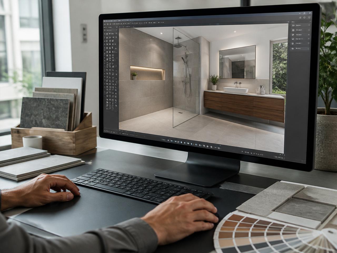3D-Badplanung auf dem Monitor – fotorealistische Visualisierung des neuen Badezimmers vor der Sanierung