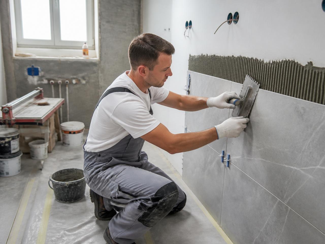 Handwerker des Meisterbetriebs Kelm bei der Fliesenmontage in einer laufenden Badsanierung